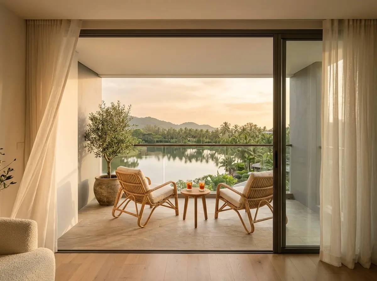 Balcony with rattan chairs looking over a calm lake at golden hour
