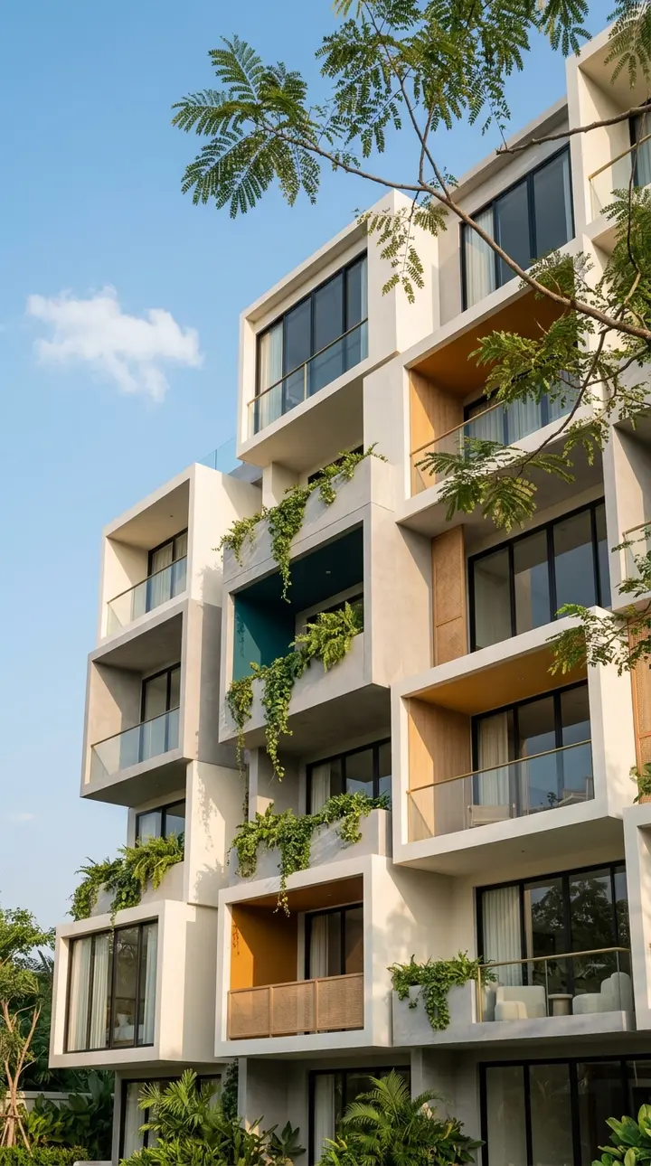 White and grey modular facade with teal and amber balcony panels