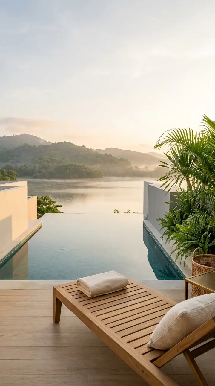 Rooftop pool edge at sunrise with the lake beyond