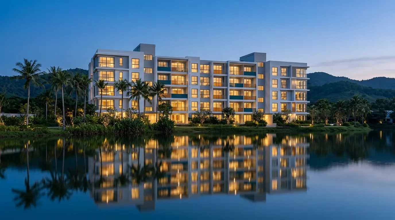 The condominium seen across a calm lake at blue hour, with lit windows reflected in the water