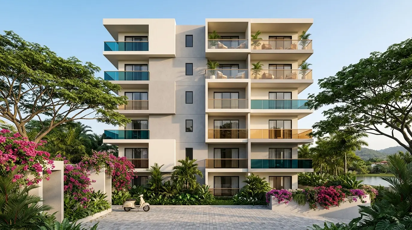 Street view of the condominium with rain trees and bougainvillea