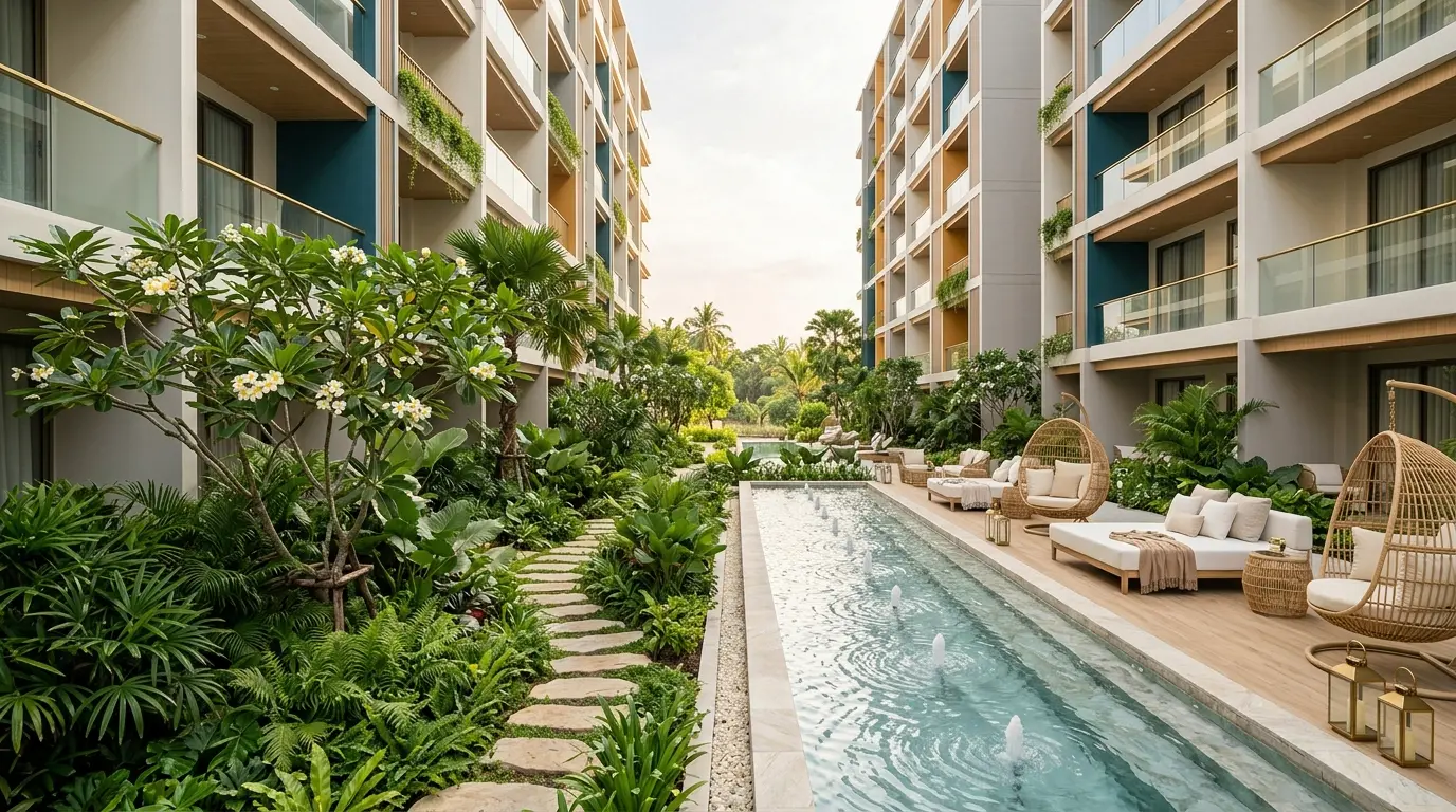 Courtyard garden with a long pool and daybeds
