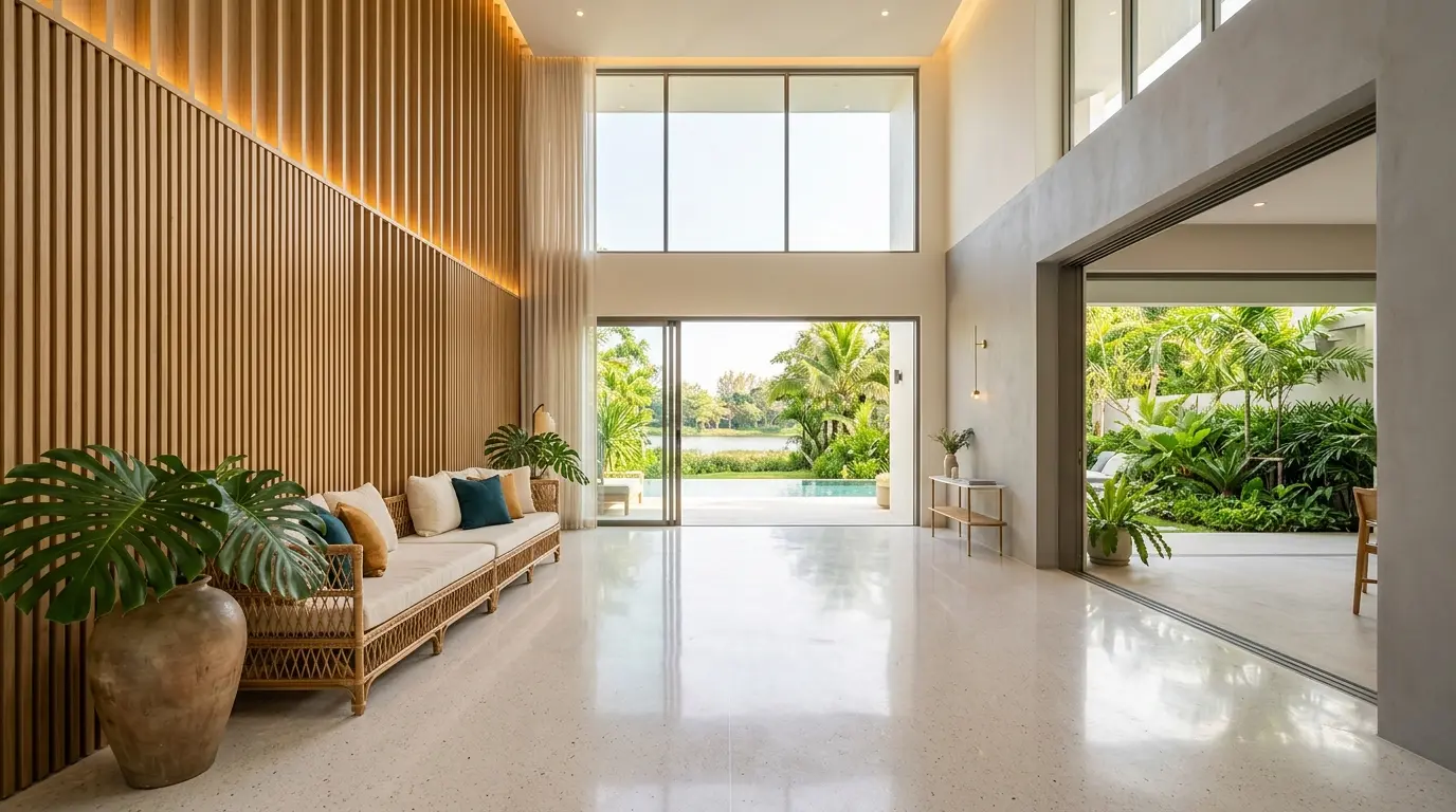 Double-height lobby with an oak slatted wall and rattan bench