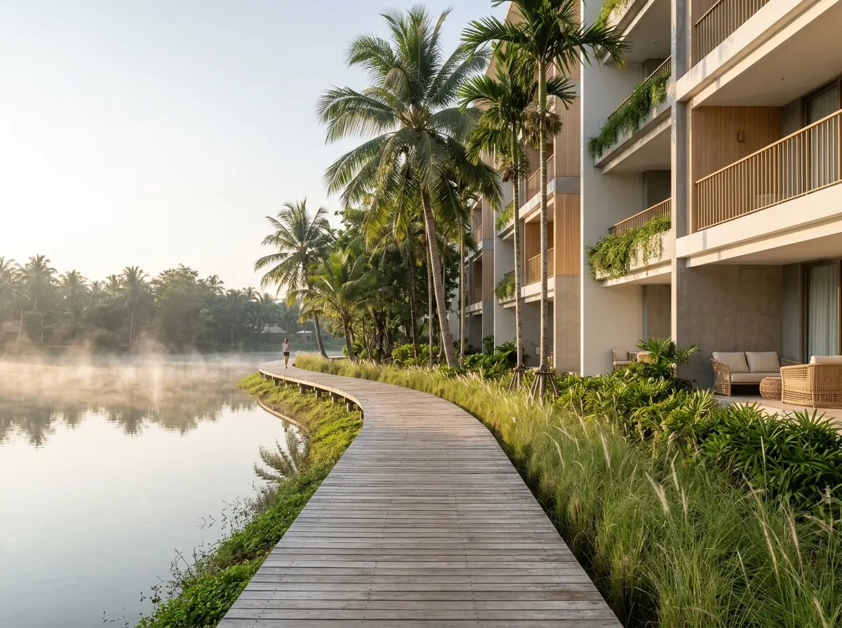 Timber boardwalk along a misty lake lined with palms