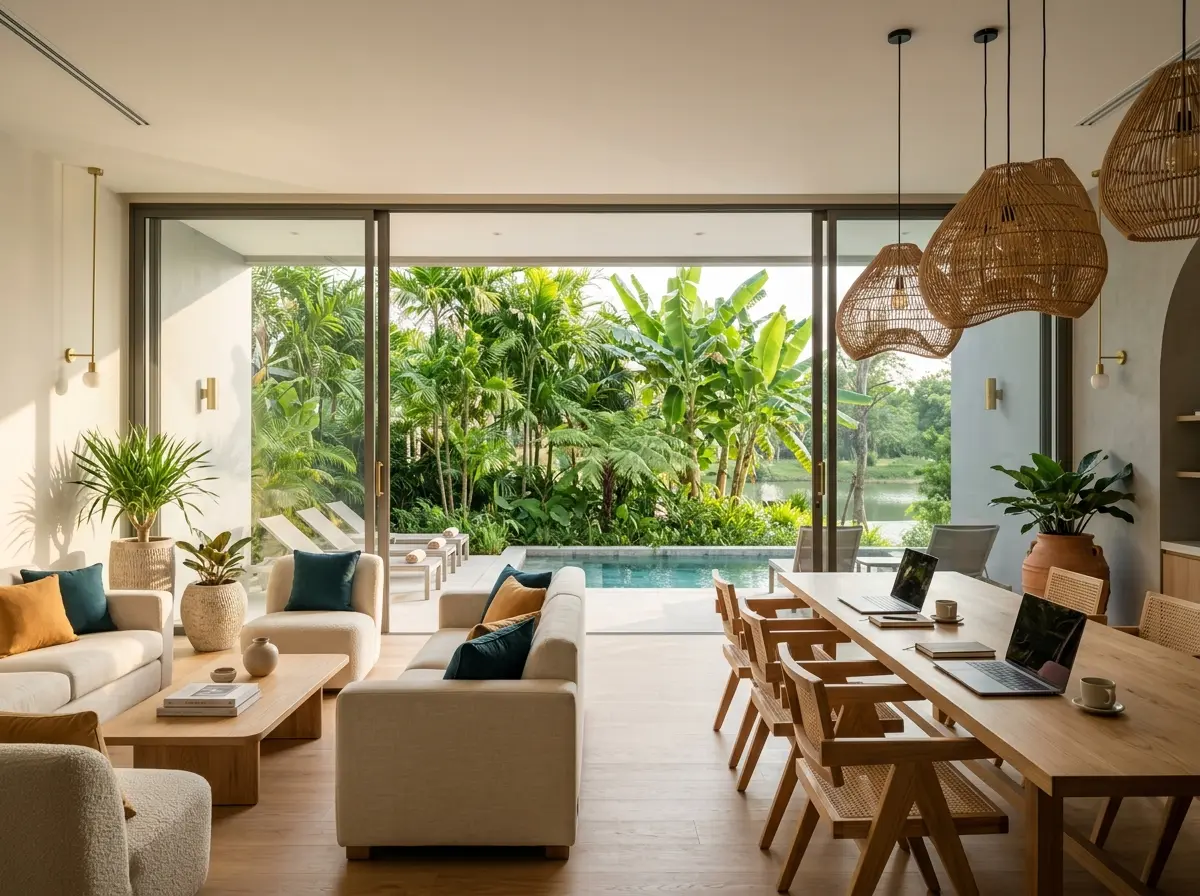 Residents' lounge with an oak communal table and rattan lights