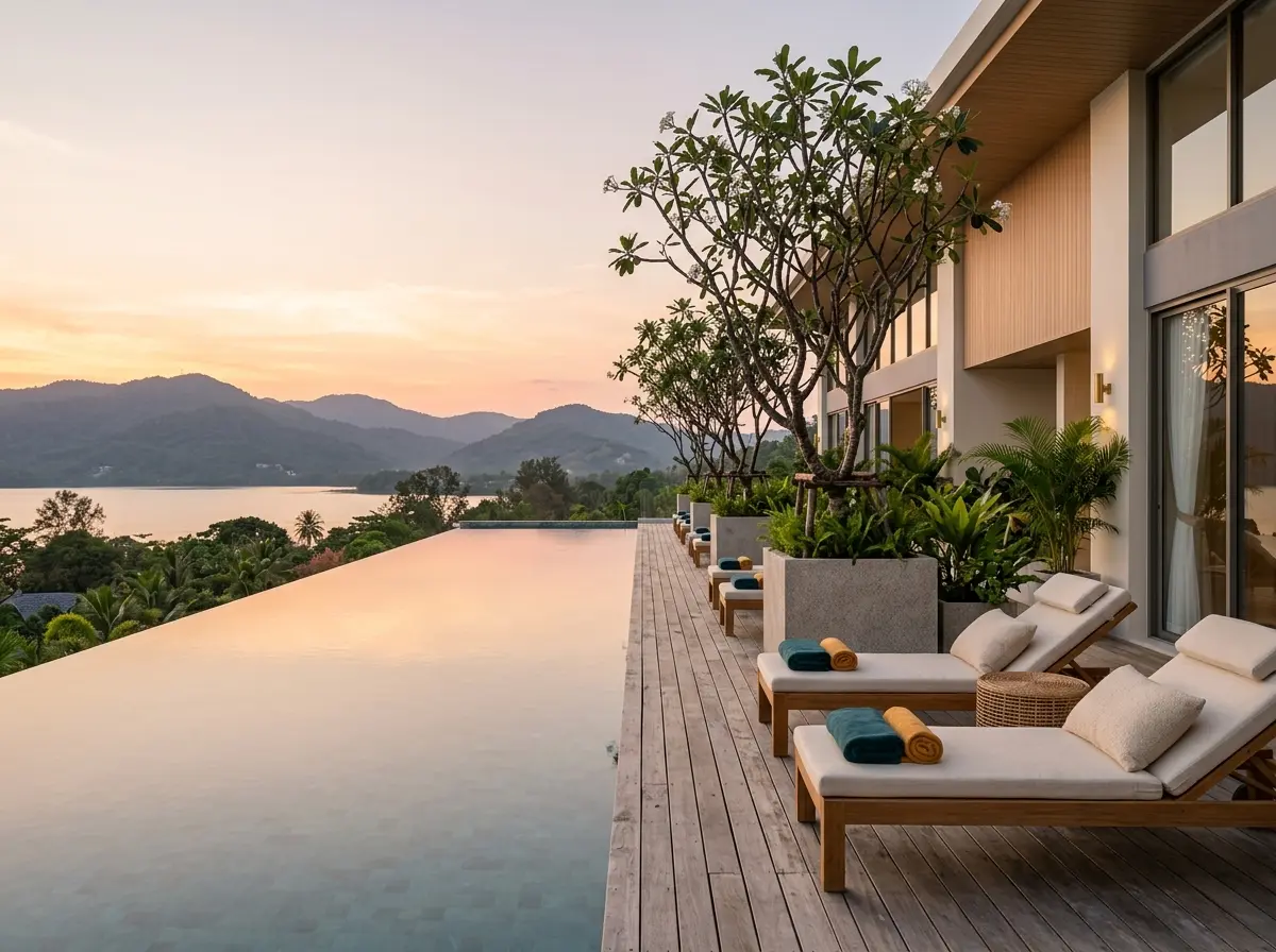 Rooftop infinity pool with loungers at sunset