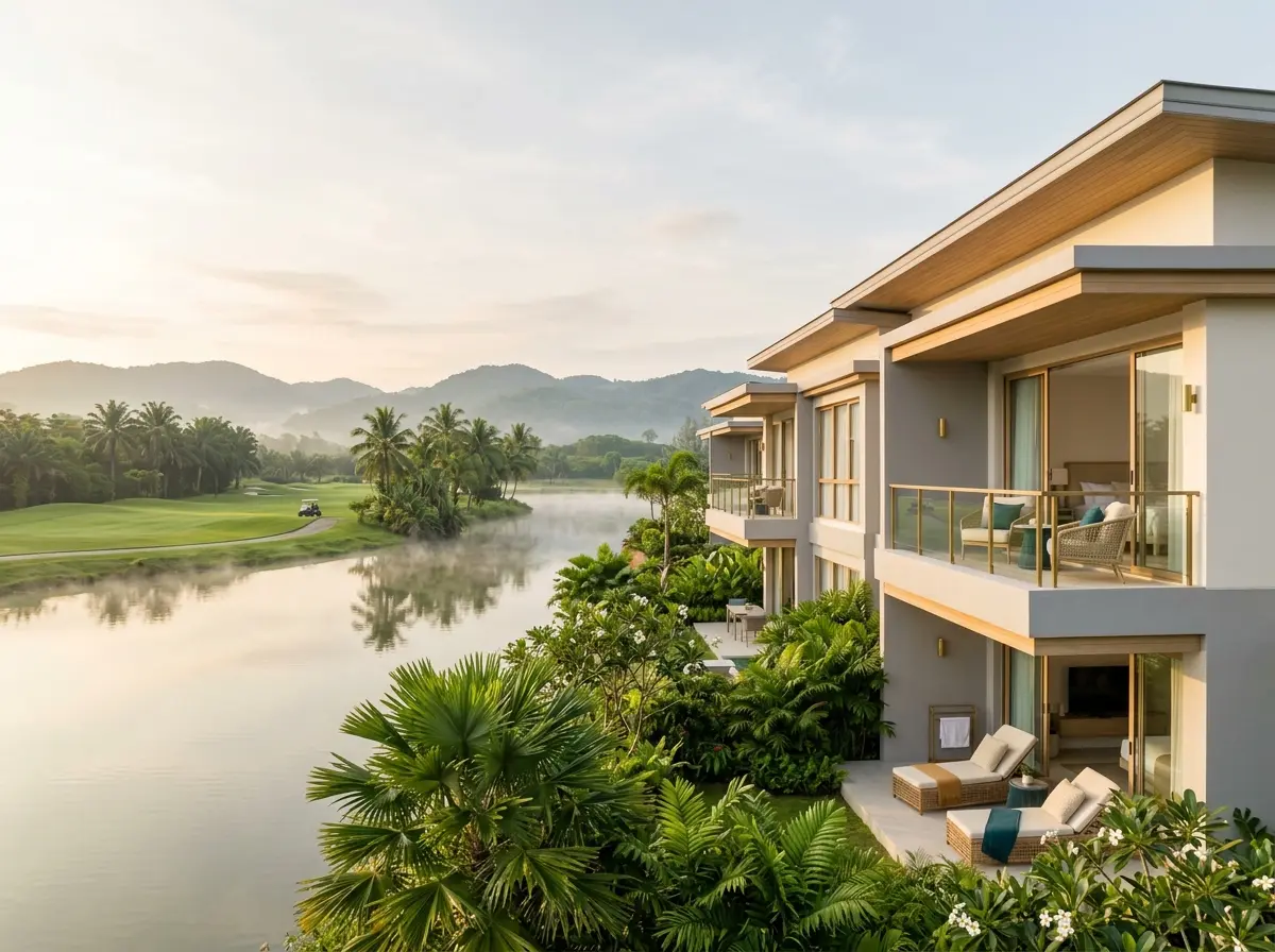 A golf fairway beside a misty lagoon with palm trees