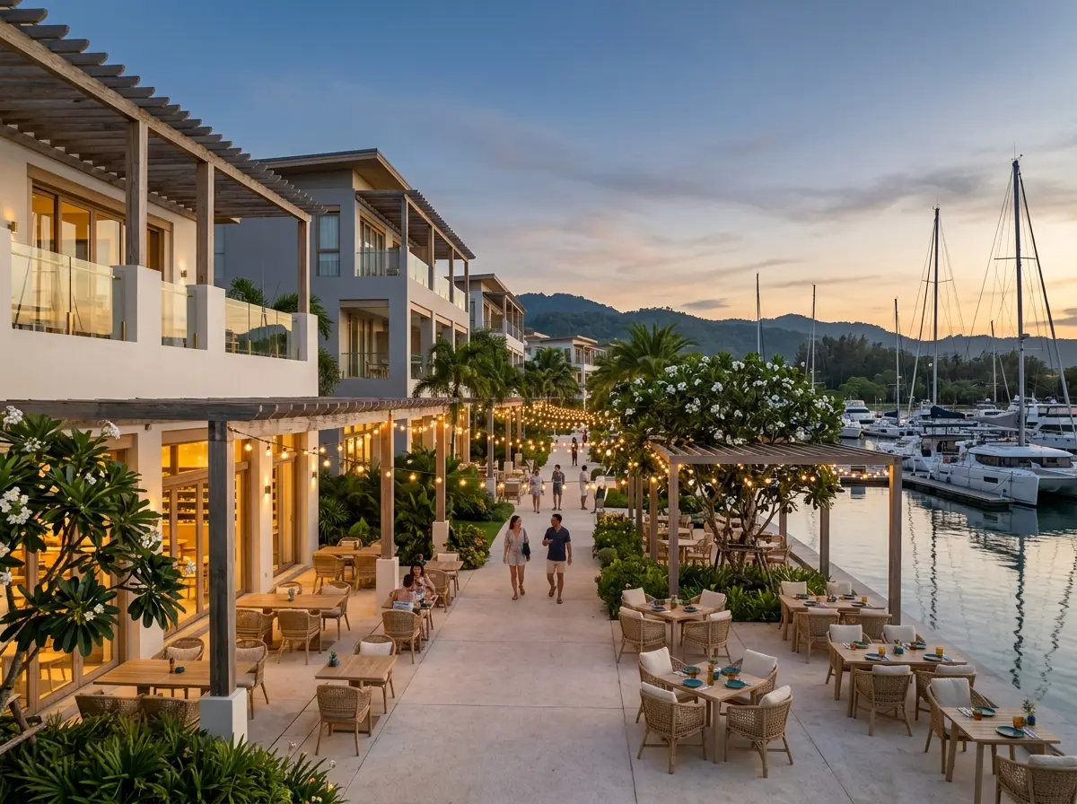 Open-air shops and cafés under string lights at dusk