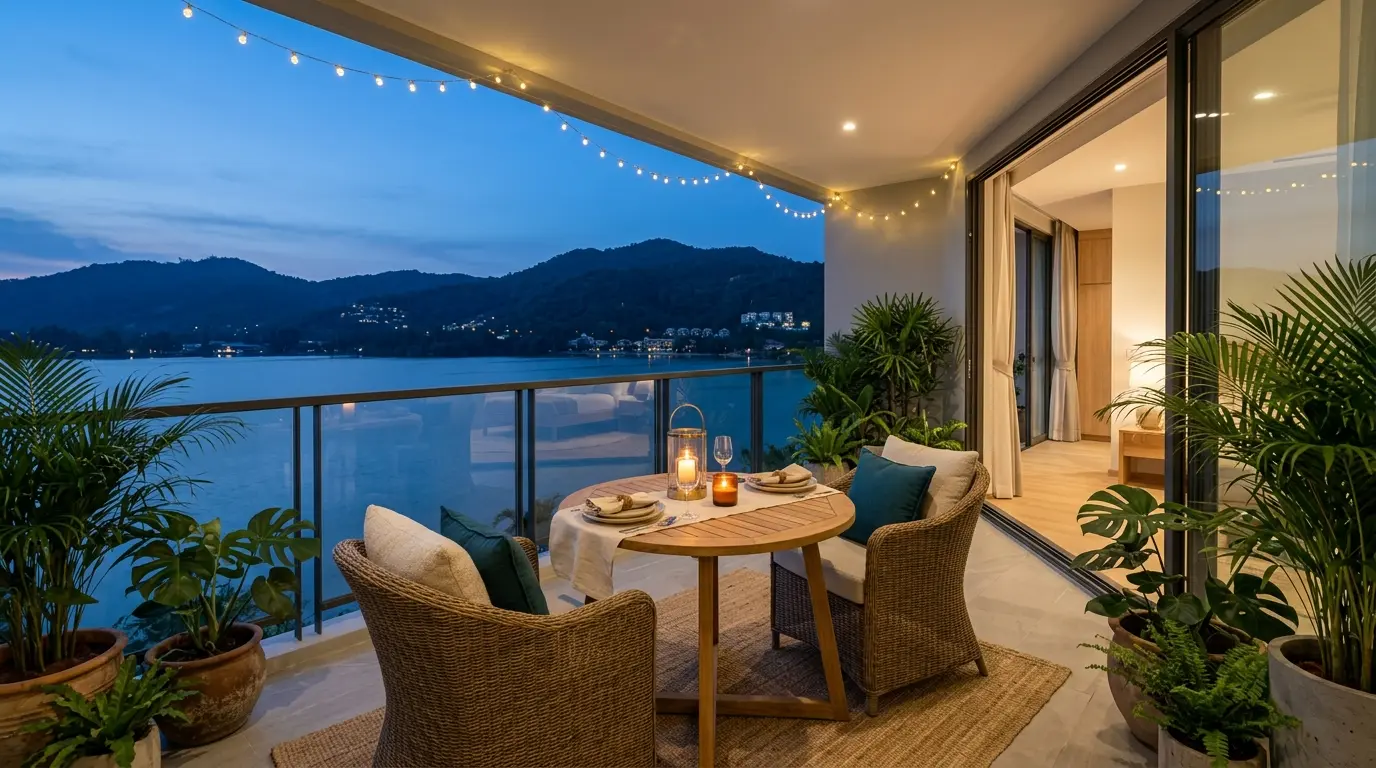 Balcony set for dinner for two above the lake at blue hour