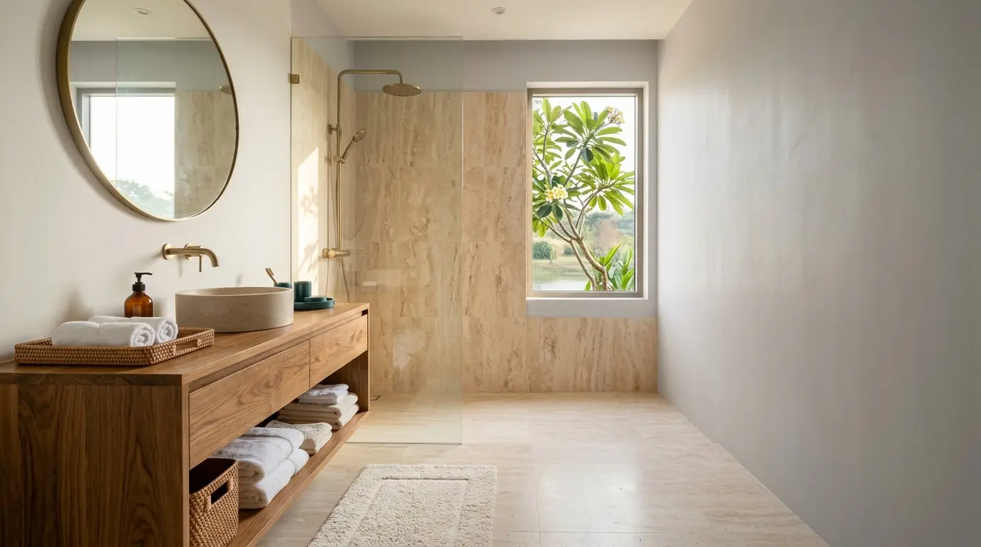 Bathroom with a walk-in shower and an oak vanity