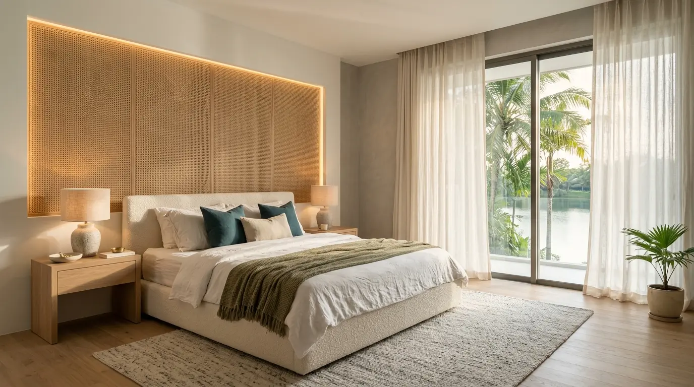 Bedroom with white linen, an olive throw and a rattan headboard wall