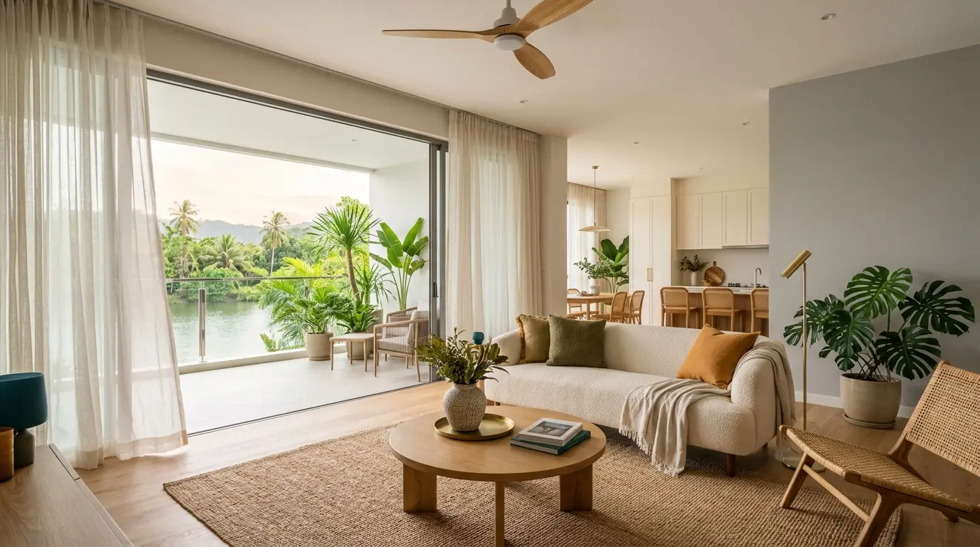 Living room with a cream bouclé sofa and doors to a lake-view balcony