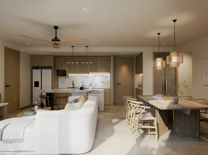 Open living and dining room with an oak table and pendant lights